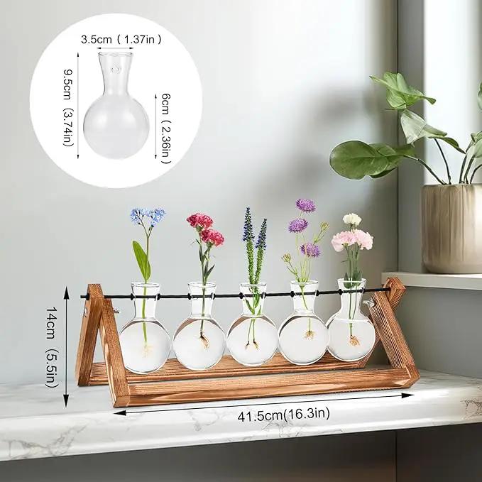Retro Wood Stand Plant Terrarium with 5 Air Planter Bulb Glass Vases, Perfect for Home, Office, or Wedding Decor. Great Desktop Propagation Station and Plant Lover Gift for Women (5 Bulb Vase) by GreenHaven Gardens