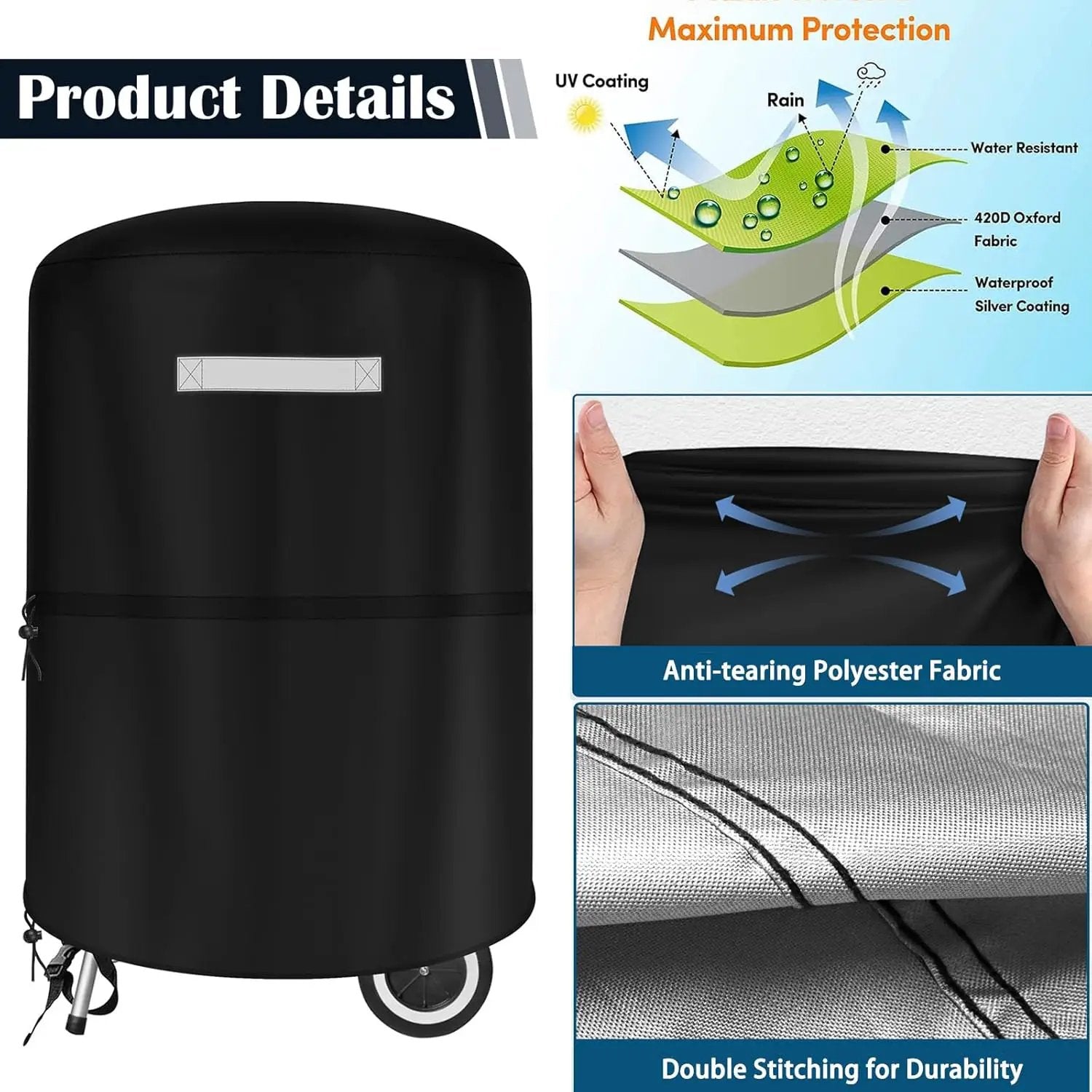 22 inch BBQ Gas Grill Cover for Outdoor Grill, Grill Cover for Weber 22 Inch Charcoal Kettle - Heavy Duty Waterproof Anti-UV Barbecue Cover for Weber Char-Broil 22 Inch Charcoal Kettle Grills, Black by GreenHaven Gardens