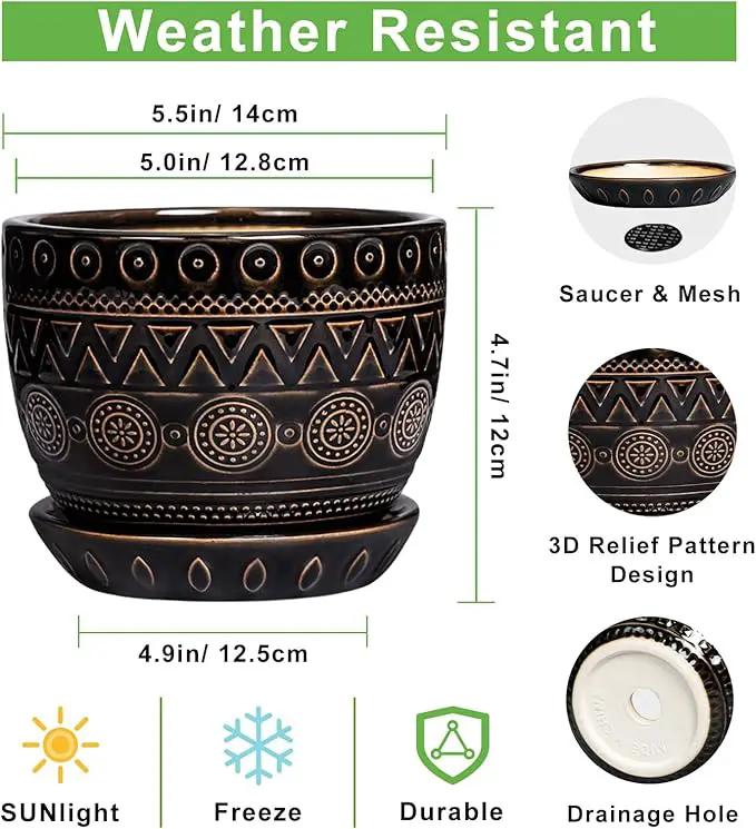 G EPGardening 5.5 Inch Ceramic Planter - Ceramic Plant Pot for Indoor Outdoor Plants, Boho Round Flower Pot with Drainage Hole and Saucer, Gifts for Plant Lovers, Office Garden Home Decor, Black by GreenHaven Gardens