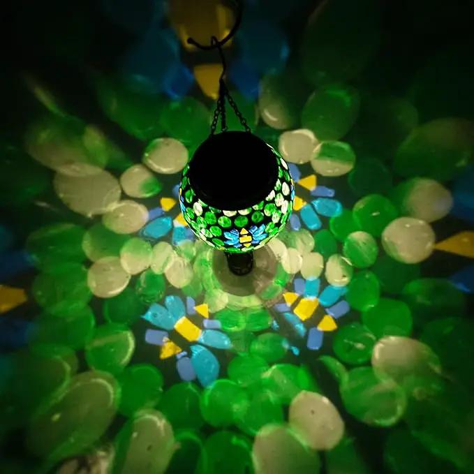 Bee Solar Hot Air Balloon Lantern Outdoor Waterproof, Green Mosaic Glass Hanging Solar Lantern Lights, Outdoor Hanging Lights for Patio Yard Garden Gift for Mom Grandma Women by GreenHaven Gardens