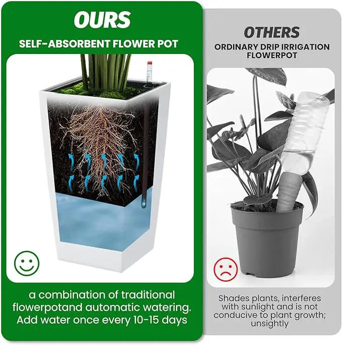 16" Tall Planters Set of 2, Outdoor＆Indoor Black Planter Pots, High Front Porch Planter Pots with Drainage Holes＆Water Level Monitor＆Inner Bucket, Automatic Watering,White by GreenHaven Gardens