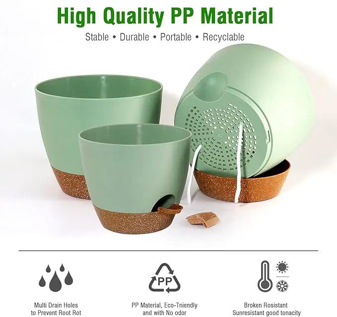 Large Self Watering Pots, 12/10/9 Plastic Planters with High Drainage Holes and Deep Reservoir for Indoor Outdoor Garden Plants and Flowers, Green with Brown by GreenHaven Gardens