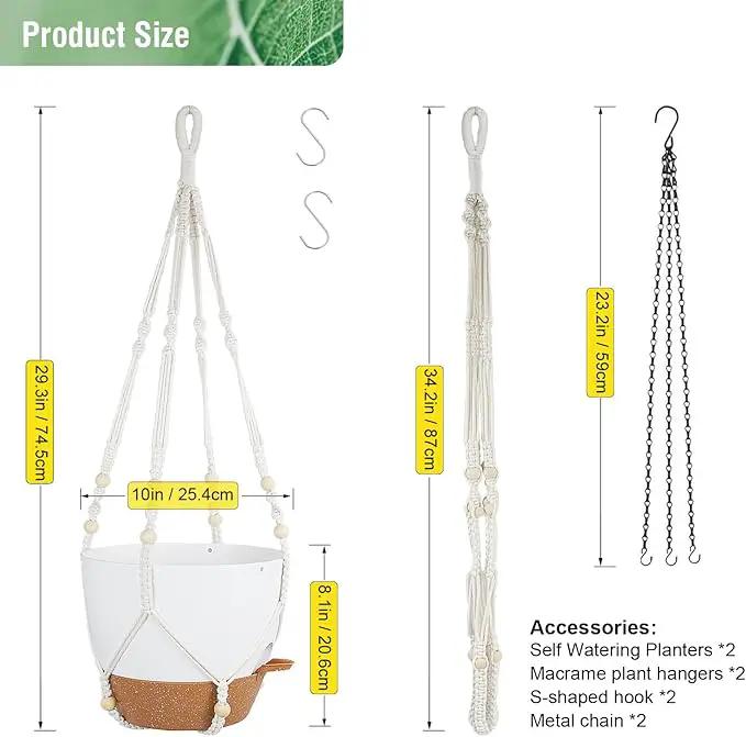 Self Watering Hanging Planters 10 inch, 2 Pack Hanging Baskets for Indoor Outdoor Plants, Hanging Flower Pots with Drainage Holes & 2 Kinds of Plant Hangers for Garden Home Décor, White Brown by GreenHaven Gardens