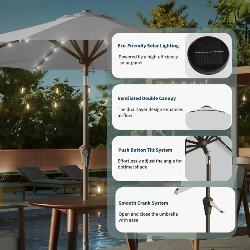 9FT Solar Umbrella 32 LED Lighted Patio Umbrella Table Market Umbrella w/Tilt and Crank, UV-Resistant Outdoor Umbrella for Pool, Garden, Deck, Light Gray by GreenHaven Gardens