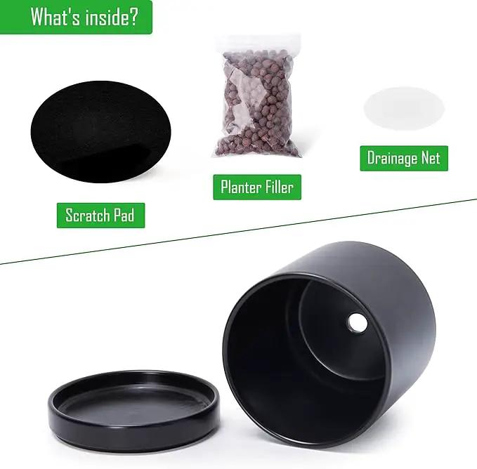D'vine Dev 8 Inch Ceramic Planter Pot with Drainage Hole and Saucer, Indoor Cylinder Round Planter Pot, Black, 94-O-D-2 by GreenHaven Gardens
