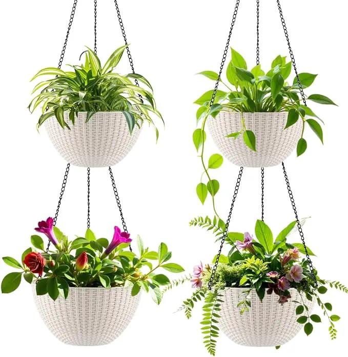 Hanging Planters for Indoor Outdoor Plants 8/10 Inch, 4 Packs Plant Hanger with Drainage Holes, Hanging Basket Flower Pot Perfect for Home, Office and Garden,White by GreenHaven Gardens