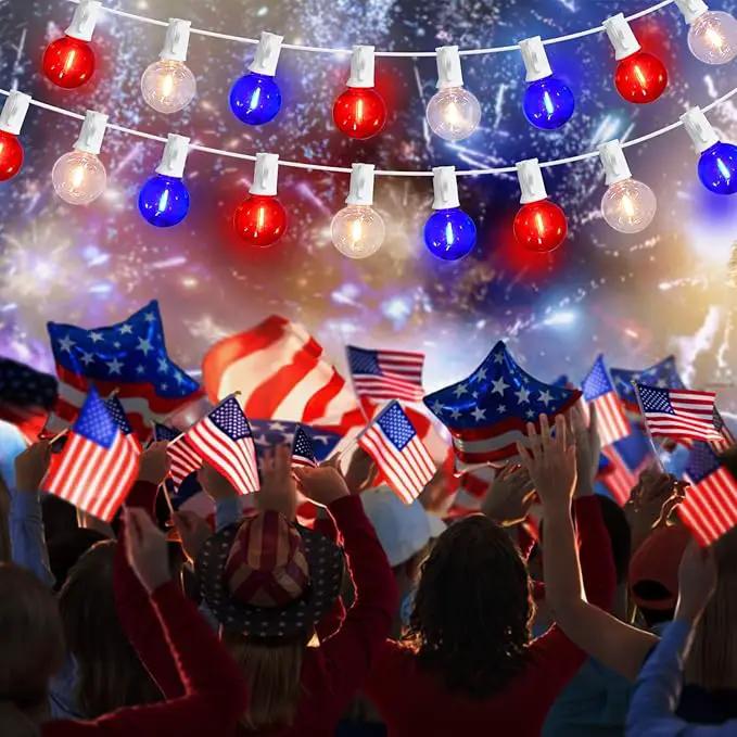 27.8Ft G40 Red White and Blue Lights String with 28 Shatterproof LED Globe Bulbs, for Memorial Day 4th of July Decorations Outdoor & Patriotic Decorations Lights for Home Party Patio Gazebo, 0.6W by GreenHaven Gardens