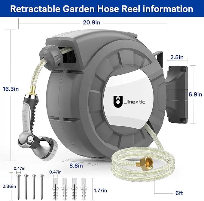 Retractable Garden Hose Reel,1/2 in x 50 ft Wall Mounted Hose Reel,10-Pattern Spray Nozzle, Any Length Lock/Slow Return System/Wall Mounted/180°Swivel Bracket by GreenHaven Gardens