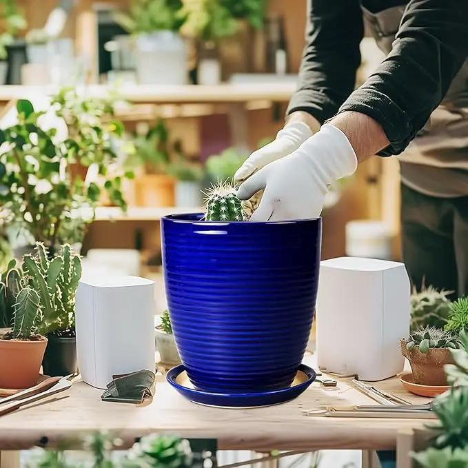Ceramic Planter Pot - 8 Inch Plant Pot with Drainage Hole and Tray Round Planter Modern Flower Pot for Indoor Outdoor Plants Decorative Garden Pot Blue by GreenHaven Gardens