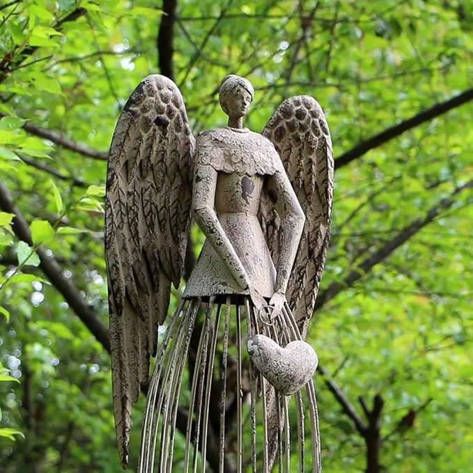 Morning View Metal Angel Statue Decor for Garden Yard Art Outdoor Standing Large Angel Decorations with Heart Antique Patio Patio Lawn Holiday Christmas 32 Inches Tall by GreenHaven Gardens