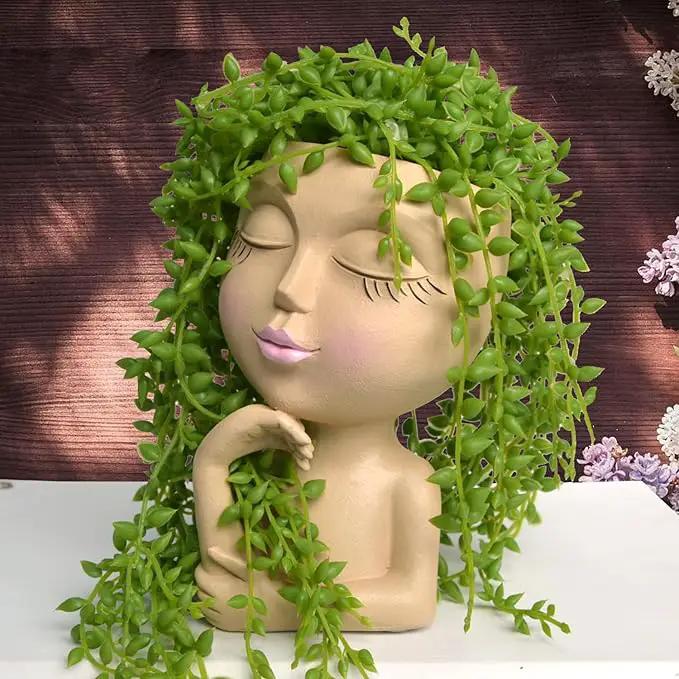 Face Planters Pots Head Planter, Plant Pots with Heads for Plants, Lady Statue Plant Pot, Unique Flower Pots with Drainage, Thinking Women Statue, Boho Vase, Cute Vases Home Decor Gift (7 Inch Khaki) by GreenHaven Gardens