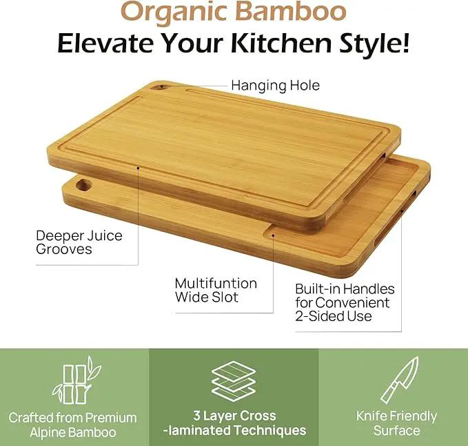 Wood Cutting Board for Kitchen - Reversible Bamboo Cutting Boards Gift Set of 3 with Juice Groove, Wooden Chopping Board for Meat, Fruit, Vegetables & Cheese (Pre Oiled, Natural) by GreenHaven Gardens