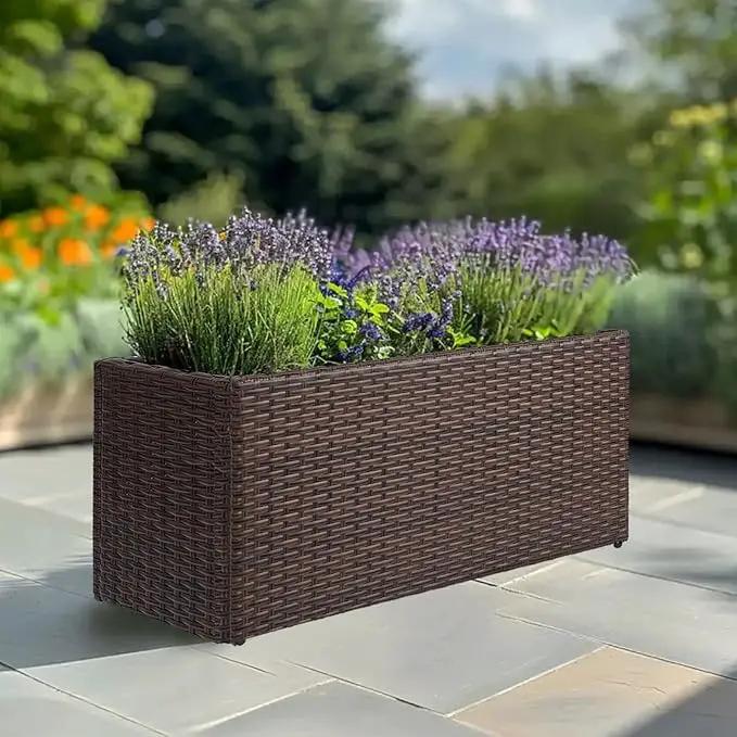 LEWIS&WAYNE Large Rectangular Block Planter Box Handmade Wicker Tall Planters for Outdoor Plants with Removable Liners Modern Planter for Indoor Outdoor Patio Deck - Brown, 36''x12''x16'' by GreenHaven Gardens