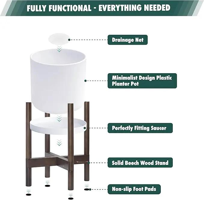 D'vine Dev Planter with Stand - 12 Inch Plastic Cylinder Flower Pot with Wood Holder for Indoor, Matte White Pot + Walnut Color Stand, 55-C-O-1 by GreenHaven Gardens