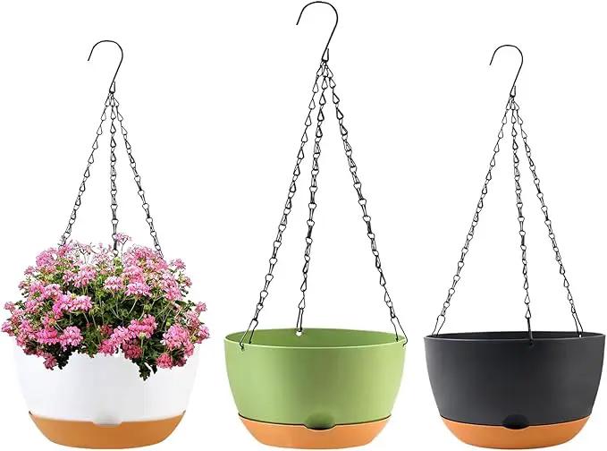 10 inch Hanging Planters for Indoor Outdoor Plants with Self-Watering Pots, 3 Pack Plastic Hanging Basket with Removable Tray for Home Garden Porch Balcony Patio Decor(White+Black+Green) by GreenHaven Gardens