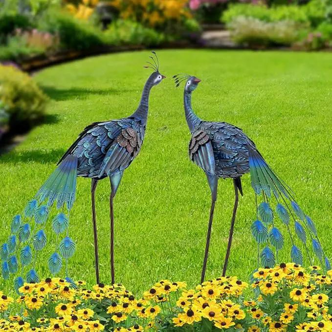 VEWOGARDEN 2 Pack Peacock Outdoor Garden Sculptures & Statues Metal Peacock Yard Art for Lawn Patio Pool Outside Decorations by GreenHaven Gardens