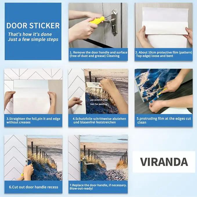 Horse 3D Door Stickers Murals - Peel & Stick - Waterproof & Washable - Matte Finish - Rustic Blue - Rectangular - Indoor - 35.4" x 78.7" - 2 Pieces by GreenHaven Gardens