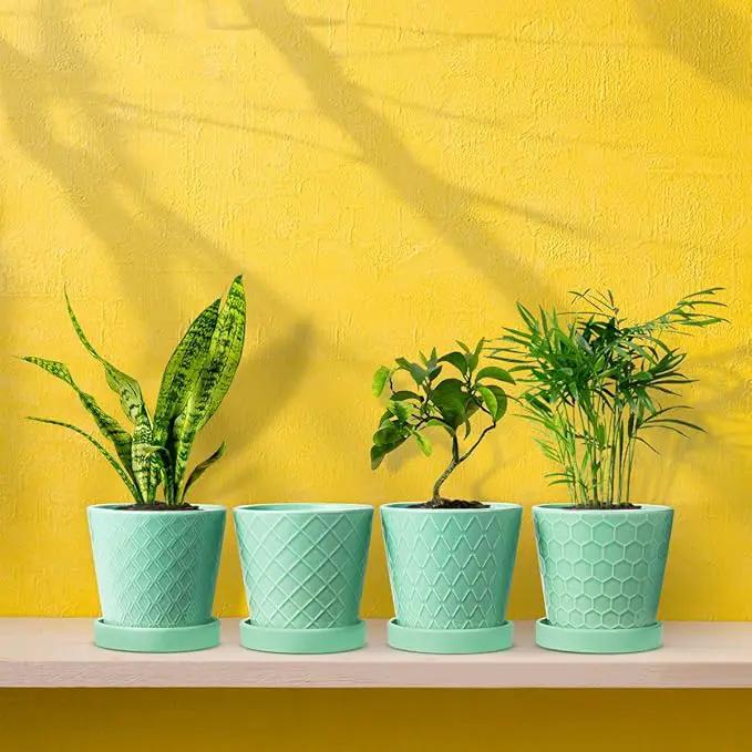 Plant Pots Indoor –5 in Ceramic Flower Pot with Drainage Hole and Ceramic Tray - Gardening Home Desktop Office Windowsill Decoration Gift, Set of 4 - Plants Not Included(Mint Green) by GreenHaven Gardens