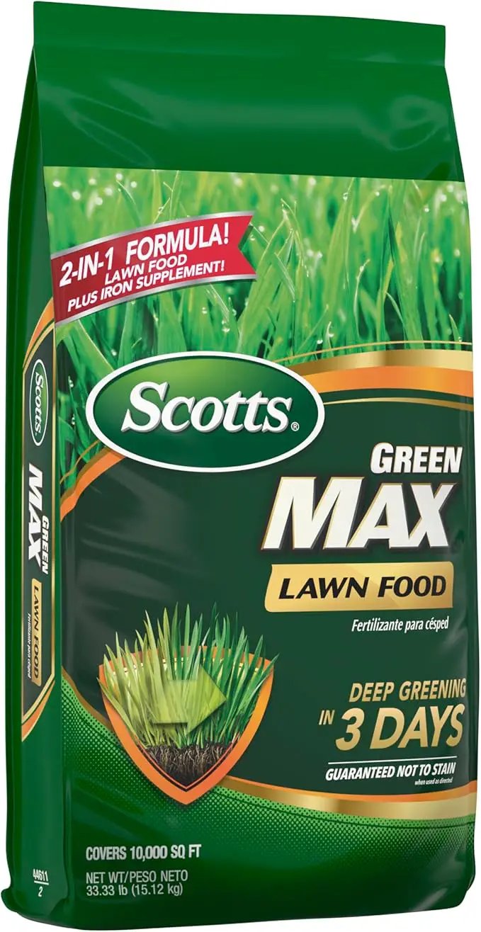 Scotts Green Max Lawn Food, Lawn Fertilizer Plus Iron Supplement for Greener Grass, 10,000 sq. ft., 33.33 lbs. by GreenHaven Gardens
