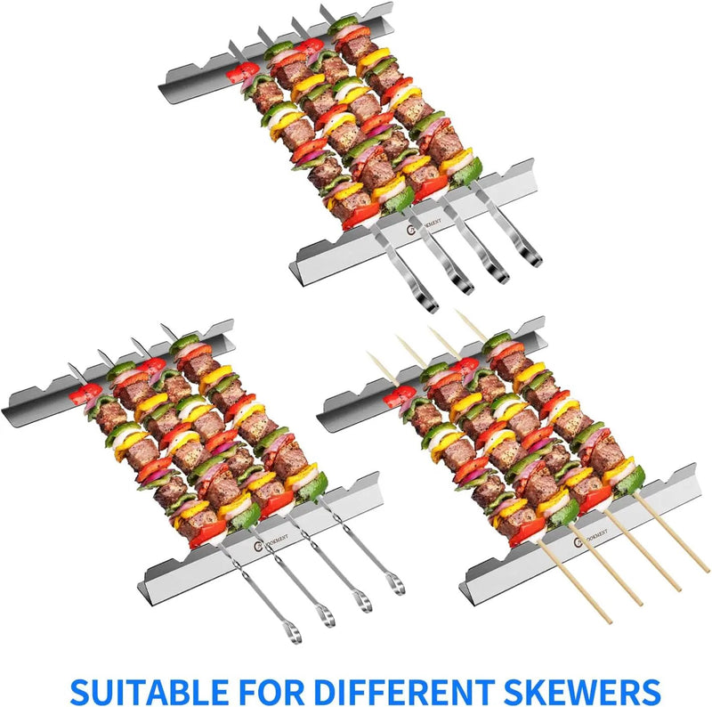 Kabob Skewers Stainless Steel Long BBQ Barbecue Skewers, Flat Metal Kebob Sticks Wide Reusable Grilling Skewers for Meat Chicken,Set of 9 Including 2 barbeecue rack with Storage Bag by GreenHaven Gardens