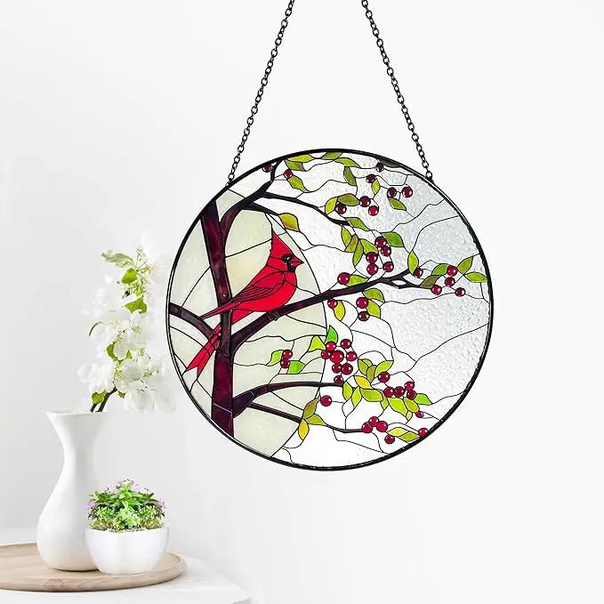 Stained Glass Window Hanging Sun Catcher 7.8”- Cardinal in Full Moon Stained Glass Suncatcher, Red Berry Tree, Nature, Indoor Decor, Wall Art, Gifts for Women by GreenHaven Gardens