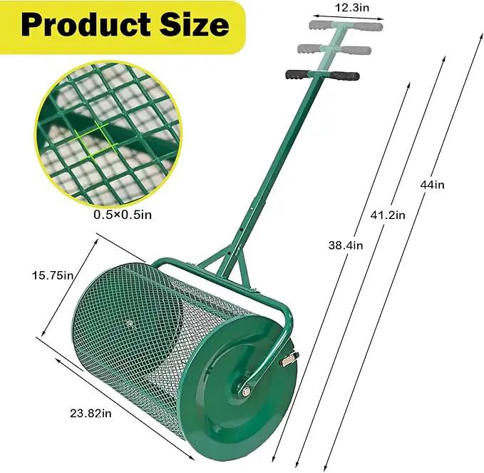 Compost Spreader, 24" Peat Moss Spreader, Roller Lawn Spreader with 3 Heights T Shaped Handle, Side Latches Powder Coated Steel Mesh Basket, Lawn & Garden Spreader for Spreading Manure Topsoil, Green by GreenHaven Gardens