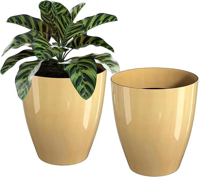 QCQHDU Plant Pots Set of 2 Pack,10 Inch Plant Pot for Indoor and Outdoor Plants with Drainage Hole,Flower Pots Modern Decorative Planter for Garden Plants (Golden) by GreenHaven Gardens