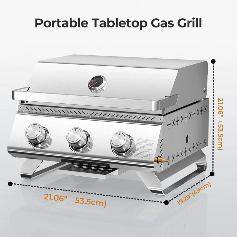R.W.FLAME Premium 3 Burner Tabletop Propane Gas Grill Stainless Steel Portable Outdoor BBQ Grill with Griddle,24,000 BTU Multi-Zone Cooking,Built-in Thermometer,Backyard,Camping & Patio Gatherings by GreenHaven Gardens