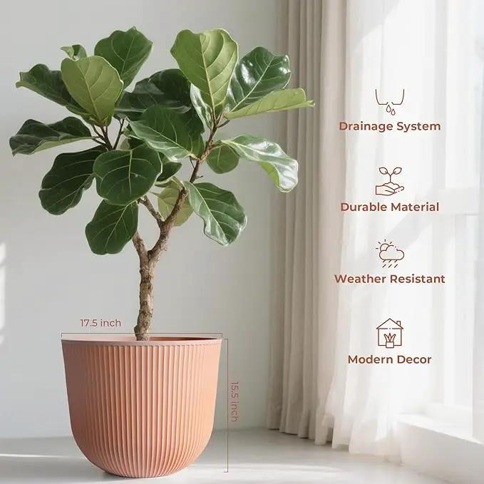 WORTH Garden Round Large Planter Pot 1-Pack, 17.5" Dia x 15.5" H - Durable Plastic Terracotta Plant Tree Pots with Vertical Stripe Textured Finish, Drainage Hole for Indoor Outdoor Front Porch Patio by GreenHaven Gardens