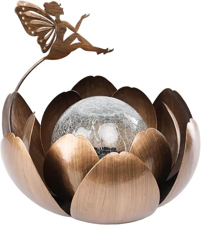 MUMTOP Solar Lights Fairy Garden Decor, Waterproof Metal Solar Lanterns Outdoor Crackle Globe Glass Lotus Flower Table Lamp for for Patio Pathway Yard Balcony Garden Decorations by GreenHaven Gardens
