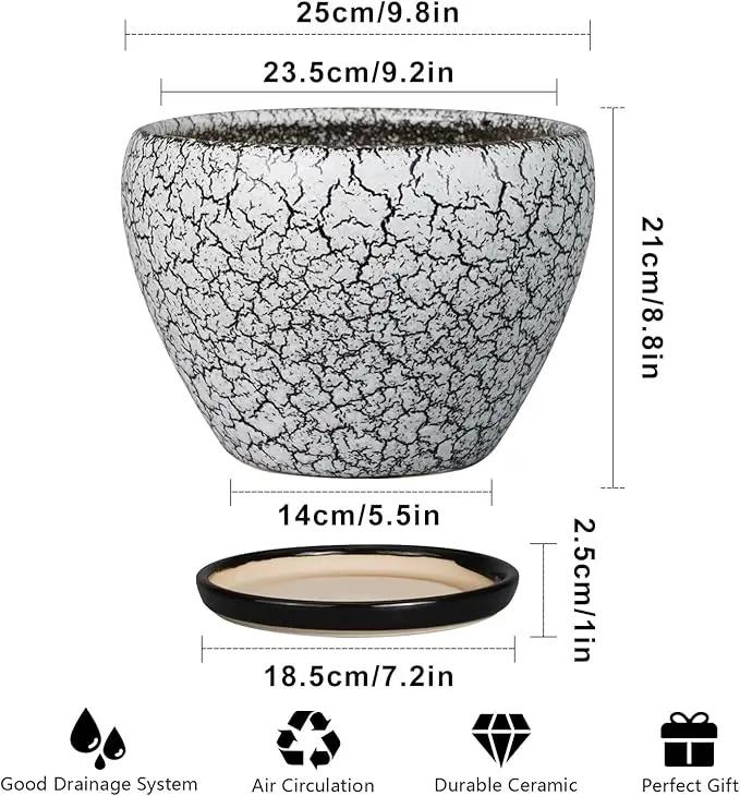 Ceramic Planters for Indoor Plants - 10 Inch Plant Pot with Drainage Hole and Saucer, Large Flower Pot for Home Decor, White/Black by GreenHaven Gardens