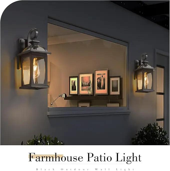 zeyu 2 Pack Outdoor Wall Lantern for Porch, 15 Inch Patio Wall Light Fixture Exterior Lights for House, Die-Cast Aluminum, Black Finish with Seeded Glass, ZD100B-2PK BK by GreenHaven Gardens
