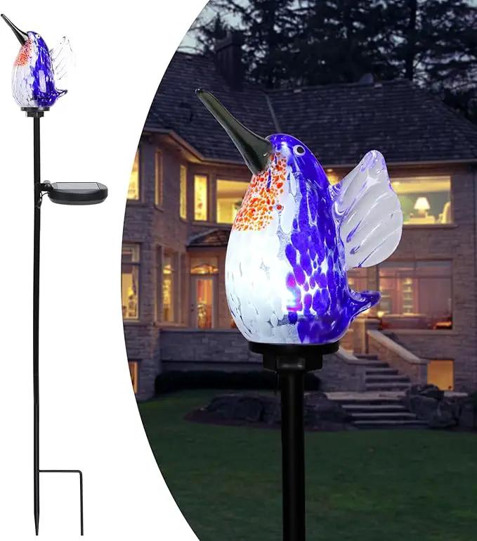 Afirst Decorative Solar Lights Outdoor Solar Hummingbird Stake Lights Hand Blown Glass Decorative Garden Pathway Light Outdoor Waterproof Glass Stakes Blue by GreenHaven Gardens