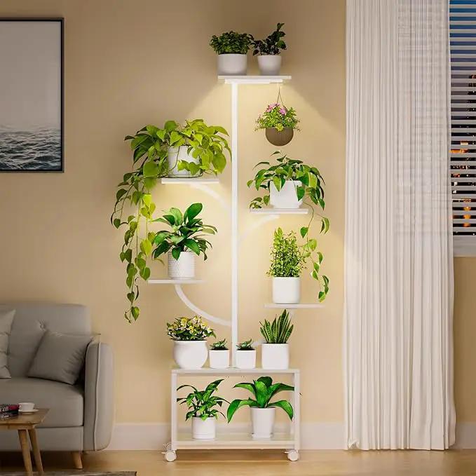 Plant Stand Indoor with Grow Lights, 60" Tall 7-Tier Metal Plant Stand with Wheels & Tree-Shaped Design for Indoor Plants, Flower Holder Display Rack for Home, Patio - White by GreenHaven Gardens