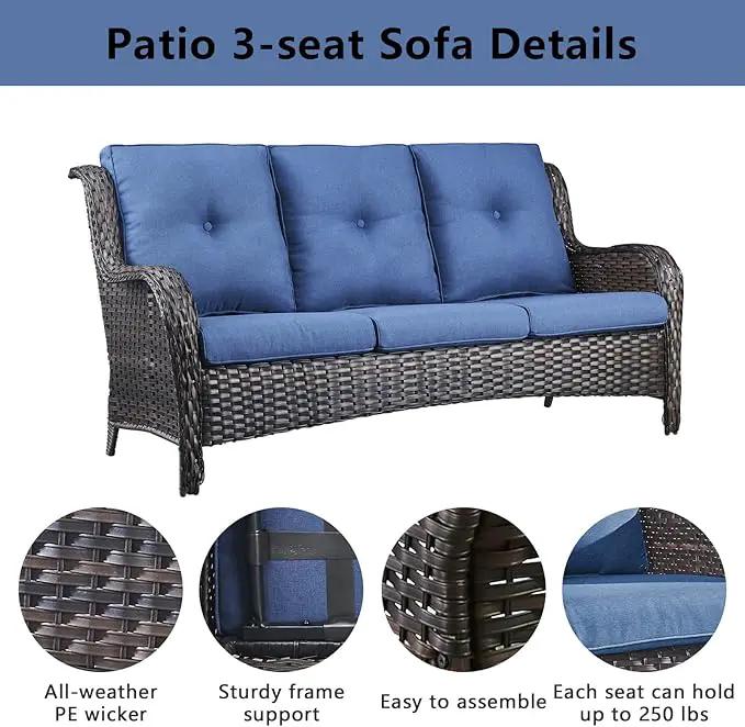 5 Piece Outdoor Patio Furniture Set - Wicker Furniture Patio Conversation Set, Outdoor Swivel Rocker Chairs with 3-Seater Sofa and 2 Ottomans for Small Space, Blue Cushion by GreenHaven Gardens