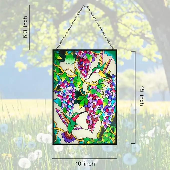 VEWOGARDEN Hummingbird Stained Glass Window Hangings 10" W x 15" H Bird Suncatcher Panel with Chain Windows Hanging Decor Ornament Gift by GreenHaven Gardens