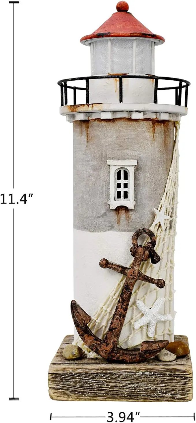 Wooden Lighthouse With Light - Rustic Nautical Ocean Sea Beach Themed Decoration, Handcrafted Tabletop Home and Bathroom Decor (11.4"H) by GreenHaven Gardens