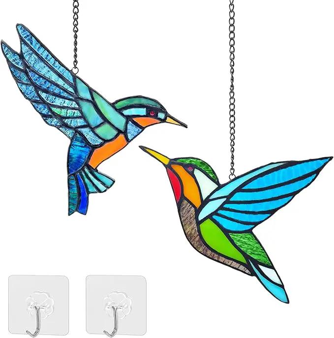 Royxen 2 Pack Hummingbird Stained Glass Window Hangings Handmade Bird Sun Catcher for Home Window by GreenHaven Gardens