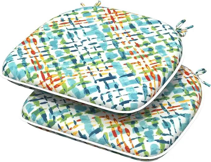 Indoor/Outdoor Chair Cushions 16x17 Inch, Patio Chair Cushions with Ties, All Weather Seat Cushions for Patio Furniture Home Garden Chair Use, Set of 2,Acapa Opal Geometric by GreenHaven Gardens