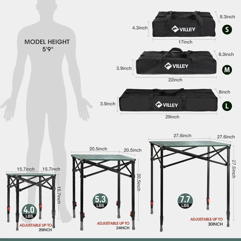 VILLEY Folding Camping Square Table with Carry Bag, Lightweight Aluminum Adjustable Square Table for Outdoor, Camping, Picnic, Backyards, BBQ (S) by GreenHaven Gardens