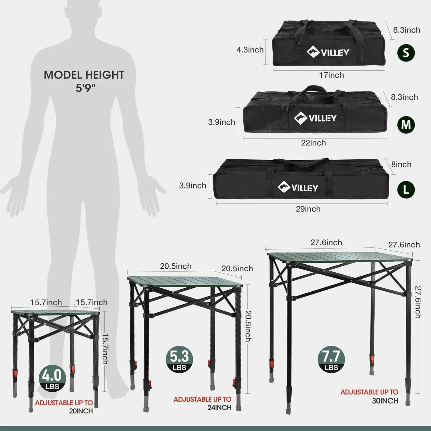 VILLEY Folding Camping Square Table with Carry Bag, Lightweight Aluminum Adjustable Square Table for Outdoor, Camping, Picnic, Backyards, BBQ (L) by GreenHaven Gardens