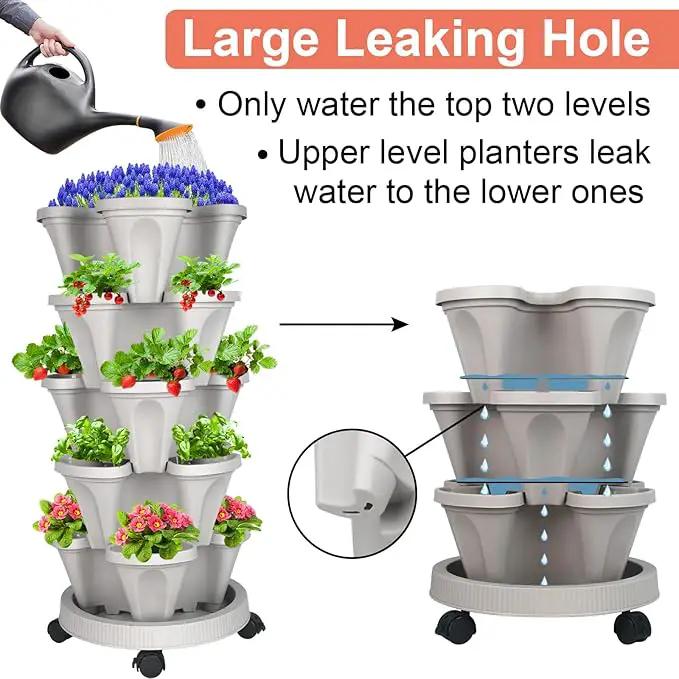 Vertical Planter 5 Tier Stackable Planters Garden Planters Strawberry Herb Flower and Vegetable Planter Indoor Outdoor Gardening Pots with Removable Wheels and Tools by GreenHaven Gardens