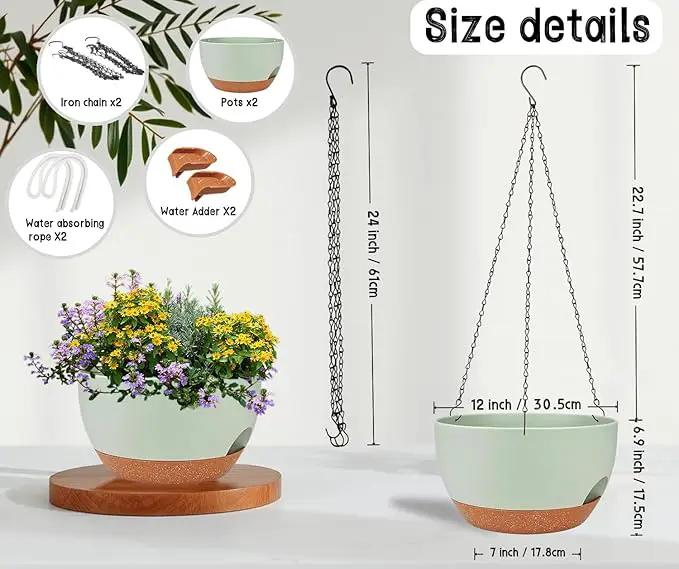 2 Pack 12 Inch Large Hanging Planters with Chains Self Watering Green Brown Plastic Hanging Pots for Indoor Outdoor Plants, Garden Porch Home Decor，Green Brown by GreenHaven Gardens