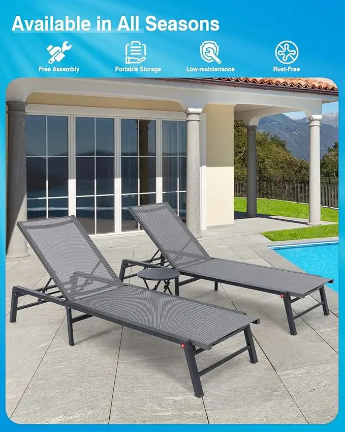 Aluminum Chaise Lounge Chair Outdoor, Foldable Patio Lounge Chair 2 Sets with Table Assemble-Free, Pool Lounge Chairs with 5 Adjustable Backrest, Outdoor Lounge Chairs for Outside Poolside Brown by GreenHaven Gardens