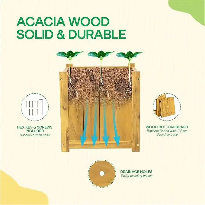 IDZO Acacia Wood Flower Planter Box for Outdoor Plants, 1pc Wooden Raised Garden Bed with Handles, Drainage Holes, Ideal for Garden and Home Décor, Golden Teak by GreenHaven Gardens