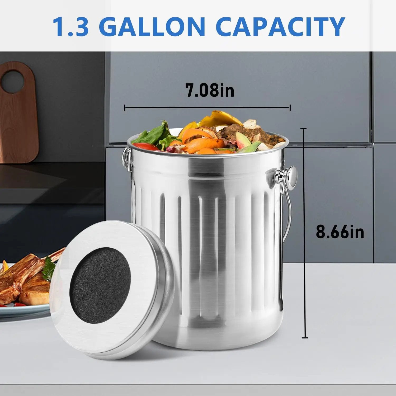 ENLOY Compost Bin for Kitchen Countertop, 1.3 Gallon Stainless Steel Indoor Compost Bucket for Kitchen Countertop Odorless Compost Pail for Kitchen Food Waste with Carrying Handle Easy to Clean by GreenHaven Gardens