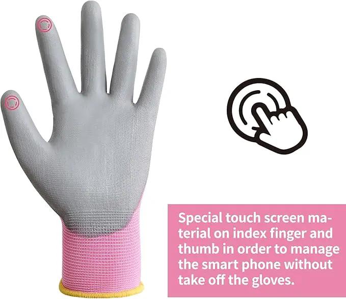 DULFINE Work Gloves for Men PU Coated 12 Pairs Bulk Pack,Pink Seamless Knit Glove with thin Polyurethane,Two Finger Touchscreen, for Men and Women, Ideal for Light Duty Work. (Small) by GreenHaven Gardens