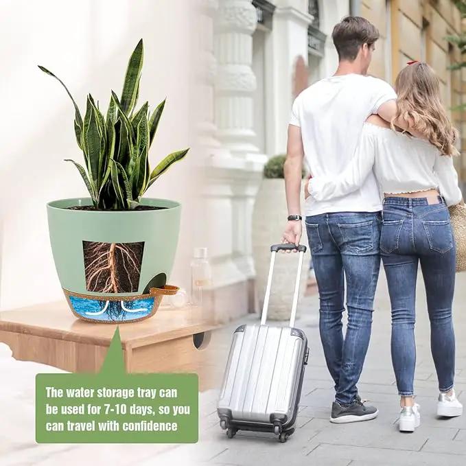 10/9/8 inch Self Watering Pots, Set of 3 Plastic Planters with Mesh Drainage Holes and Deep Reservoir for Indoor Outdoor Garden Plants and Flowers, Green with Brown by GreenHaven Gardens
