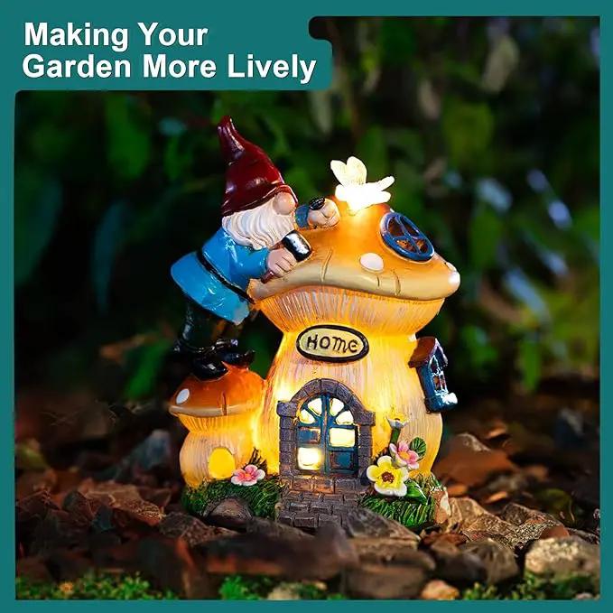 Garden Gnome Statues Figurine Lights - Solar Powered Lighting Outdoor Decorations, Gnome Build Mushroom House, Yard Art Lawn Ornaments for Porch Patio Balcony - Gnome Gifts for Women Mom by GreenHaven Gardens
