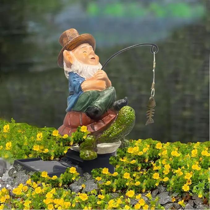 Garden Gnome Turtle solar LED Pond Statue Decoration, Fishing Gnome Turtle Garden Statue Outdoor Koi Pond or Waterfall or lawn Decor,5.3" Gnome turtle Fishing Poolside Statue contains ground insertion by GreenHaven Gardens